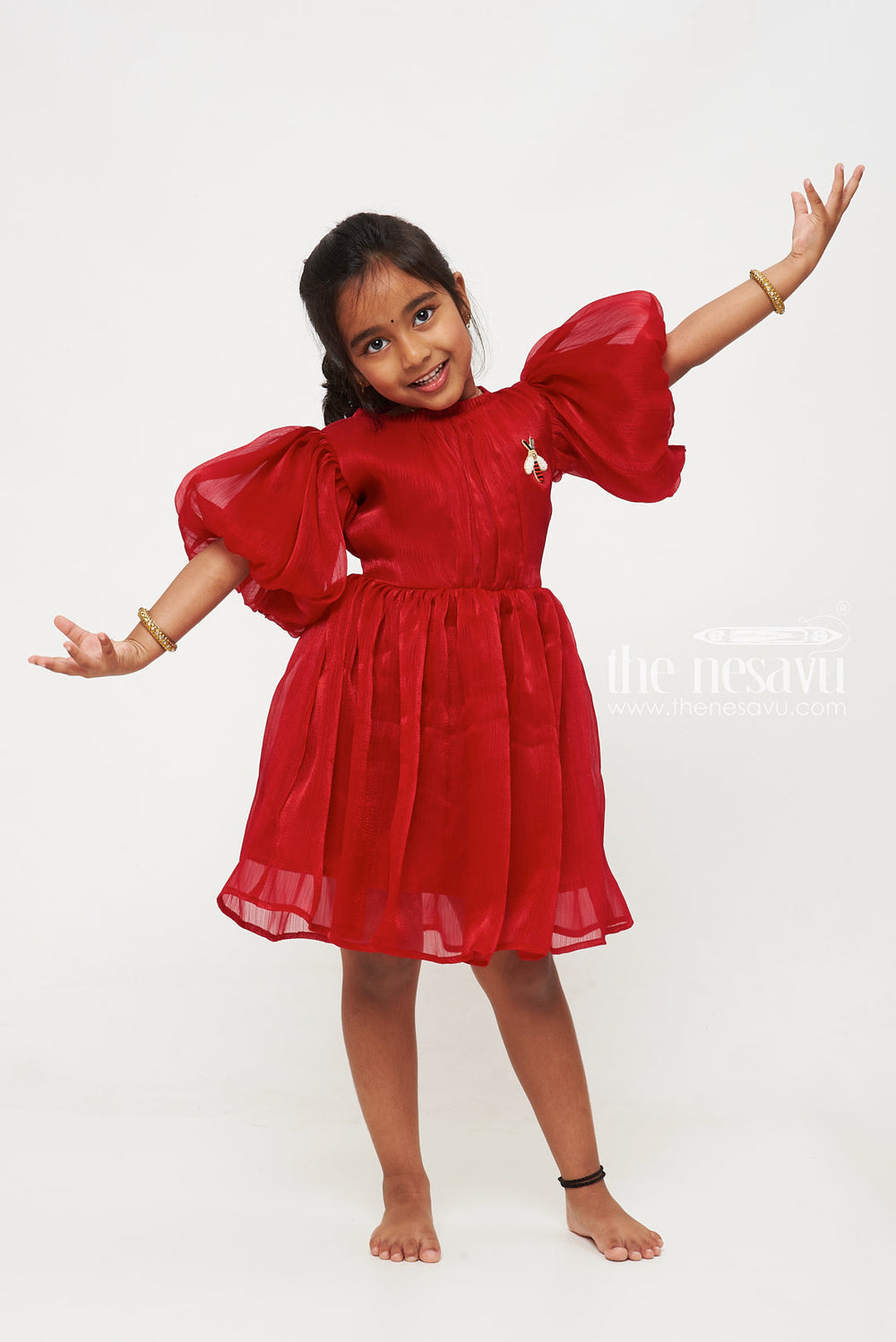 The Nesavu Party Frock Stunning Ruby Red Organza Puff Sleeve Party Frock for Kids Nesavu Ruby Red Organza Puff Sleeve Party Frock for Kids - Elegant Party Wear