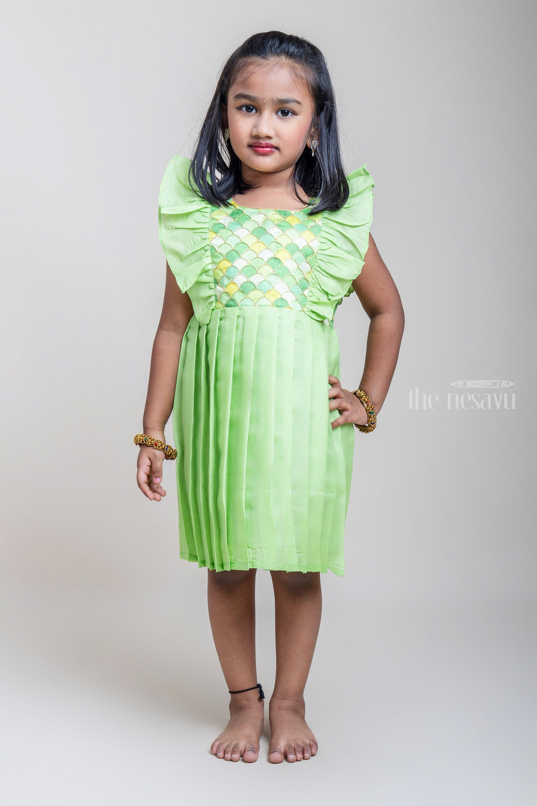 The Nesavu Silk Frock Stunning Semi-Silk Dress with Delicate Embroidered Ruffle Yoke Frock For Girls Nesavu Elegant Semi-Silk Frocks for Little Girls | New Silk Frock Collection | The Nesavu