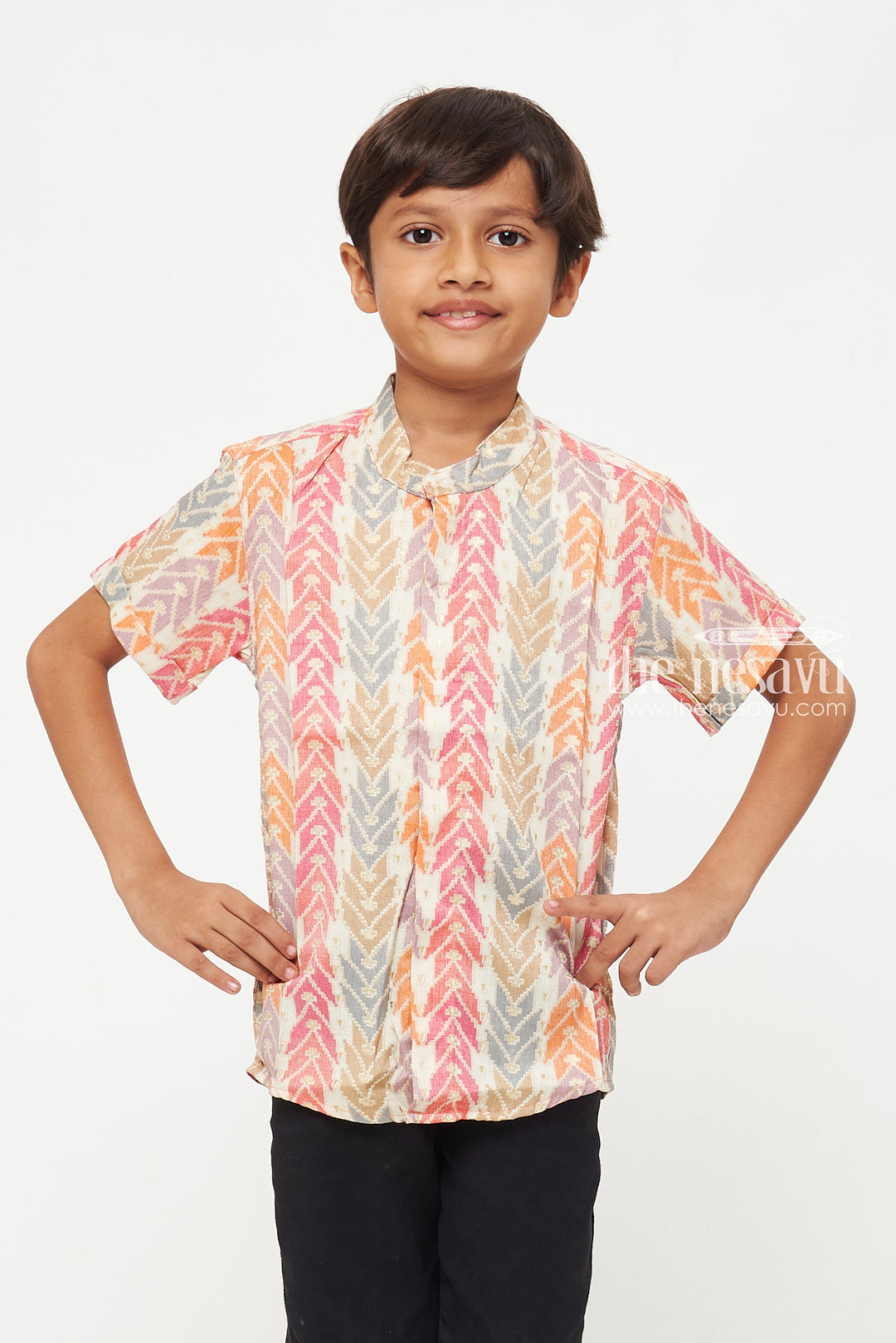 The Nesavu Boys Cotton Shirt Stylish Boys Rayon Shirt Ikat Print Shirt - Lightweight Festive Wear Nesavu Boys Lightweight Rayon Ikat Print Shirt | Stylish Festive Wear | The Nesavu