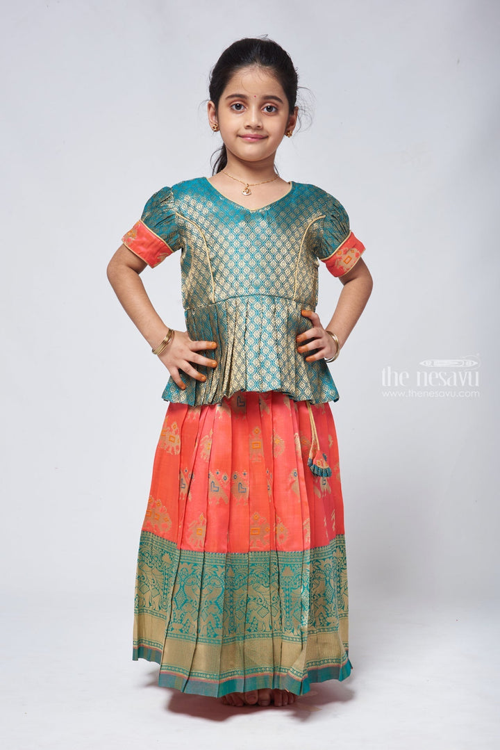 The Nesavu Pattu Pavadai Stylish Brocade Green Peplum Blouse with Zari Animal Motif Kanchi Border Pattu Langa: South Indian Elegan Nesavu 20 (3Y) / Green / Big Border GPP295A-20 Animal Motif Pattu Langa | Pattu Pavadai Blouse Designs | The Nesavu