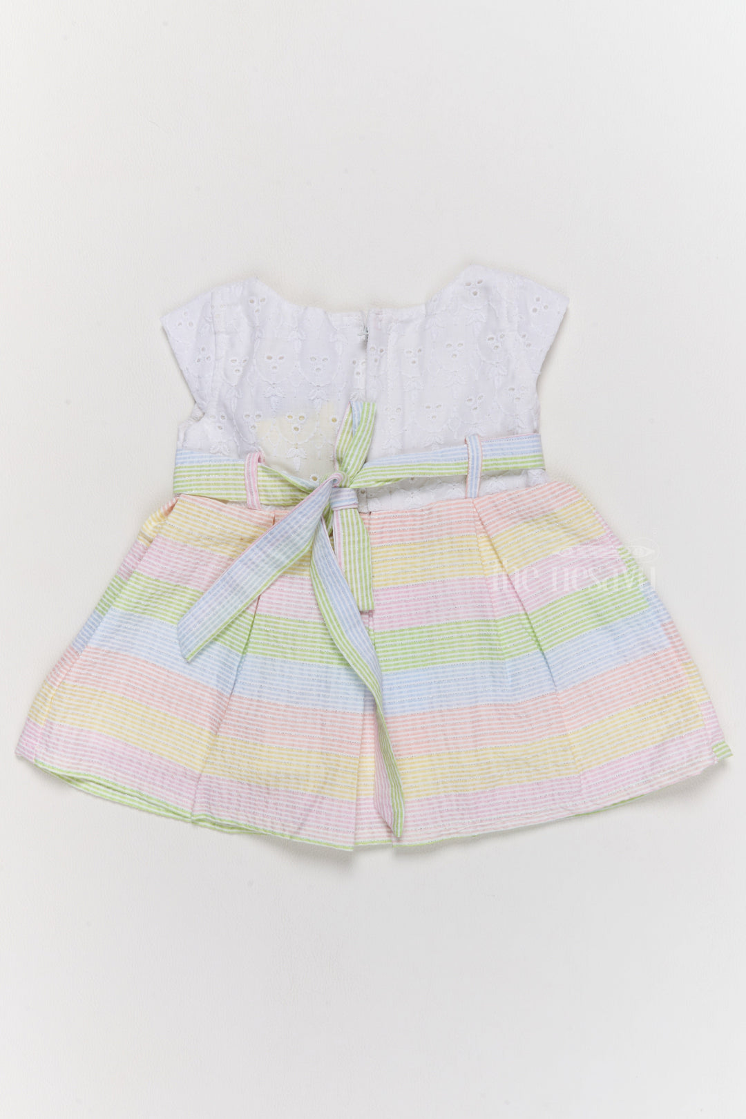 The Nesavu Girls Cotton Frock Stylish Cotton Frock for Girls with Pastel Stripes and Floral Details Nesavu Nesavu Cotton Frock Girls Pastel Stripes Floral Waist Detailing