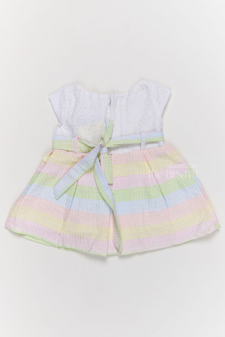 The Nesavu Girls Cotton Frock Stylish Cotton Frock for Girls with Pastel Stripes and Floral Details Nesavu Nesavu Cotton Frock Girls Pastel Stripes Floral Waist Detailing