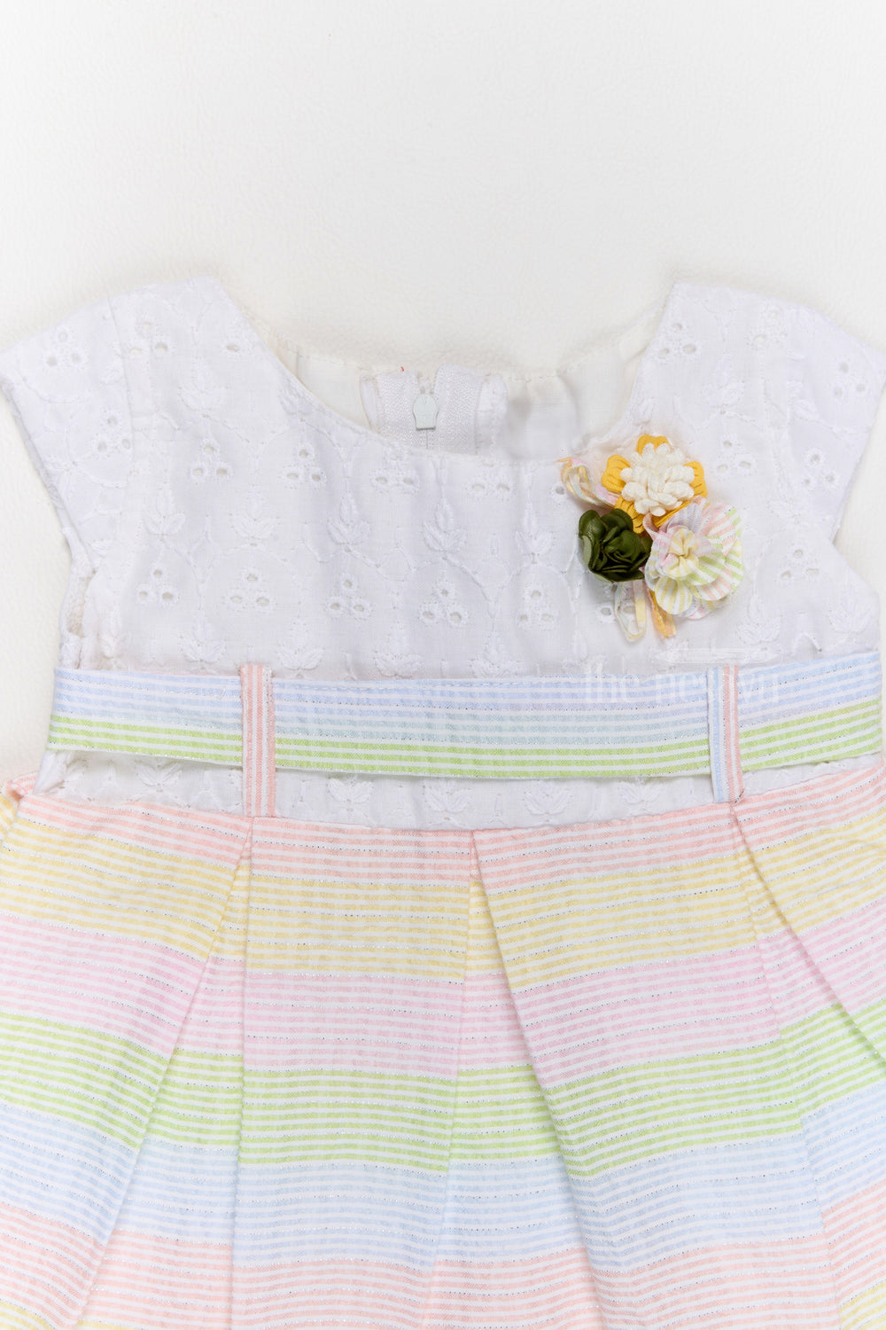 The Nesavu Girls Cotton Frock Stylish Cotton Frock for Girls with Pastel Stripes and Floral Details Nesavu Nesavu Cotton Frock Girls Pastel Stripes Floral Waist Detailing