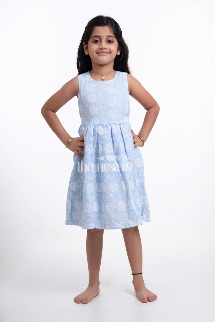 The Nesavu Girls Cotton Frock Stylish Cotton Frocks for Girls - Sleeveless Chikankari Baby Dress in Blue Nesavu 18 (2Y) / Blue GFC1343A-18 Stylish Cotton Frocks for Girls - Nesavu | Sleeveless Chikankari Baby Dress