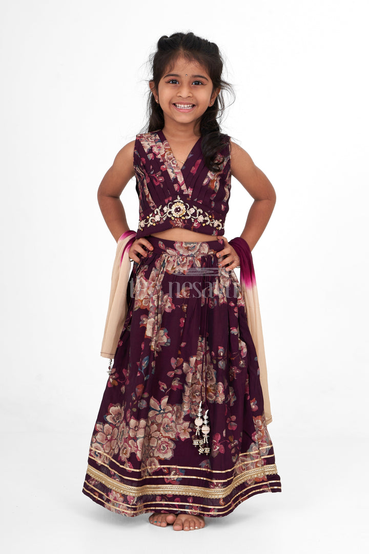 The Nesavu Girls Lehenga Choli Stylish Girls Choli Design Lehenga Set in Chanderi with Floral Pattern and Embroidered Waistline Nesavu 18 (2Y) / Purple GL536A-18 Nesavu Girls Choli Design Lehenga Set Chanderi Floral Pattern Embroidered Details Festive Occasions