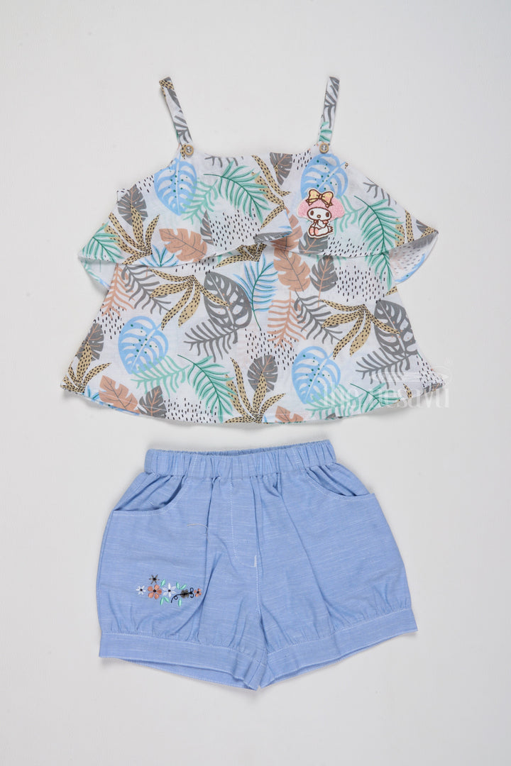 The Nesavu Baby Casual Sets Stylish Newborn Baby Girl Clothes with Tropical Print and Denim Shorts Nesavu 12 (3M) / Blue BFJ713A-12 Tropical Newborn Baby Girl Clothes Set Denim Shorts  Nesavu