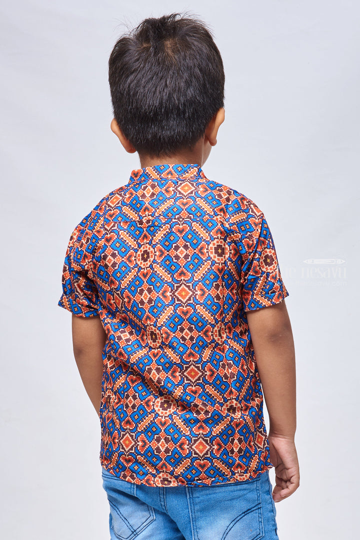 The Nesavu Boys Silk Shirt Stylish Royal Blue Silk Shirt for Boys with Ajrakh Print Nesavu Ajrakh Printed Silk Shirt for Boys | Shirts for a Fashionable Edge | The Nesavu