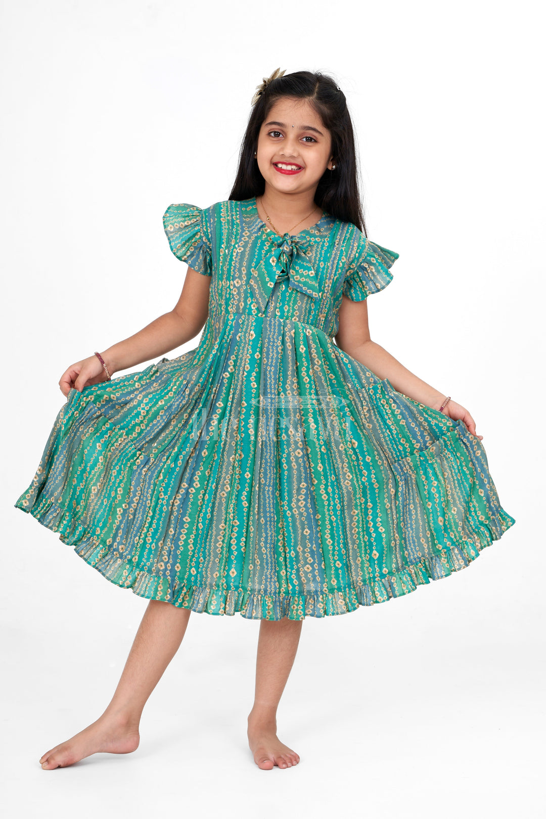 The Nesavu Girls Cotton Frock Stylish Summer Cotton Frock for Ladies in Printed Chanderi with Ruffle Sleeves Nesavu 16 (1Y) / Green GFC1396B-16 Nesavu Stylish Summer Cotton Frock Ladies Printed Chanderi  Perfect Casual Outings Holiday Celebrations