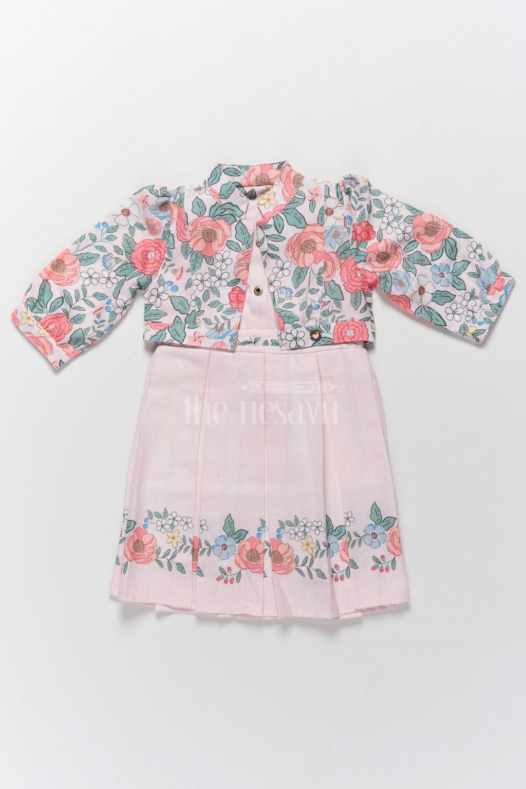 The Nesavu Girls Fancy Frock Stylish Two-Piece Girls Dress and Jacket with Floral Embroidery Nesavu 20 (3Y) / Pink GFC1538A-20 Nesavu Stylish Two-Piece Dress Floral Embroidered Jacket Girls