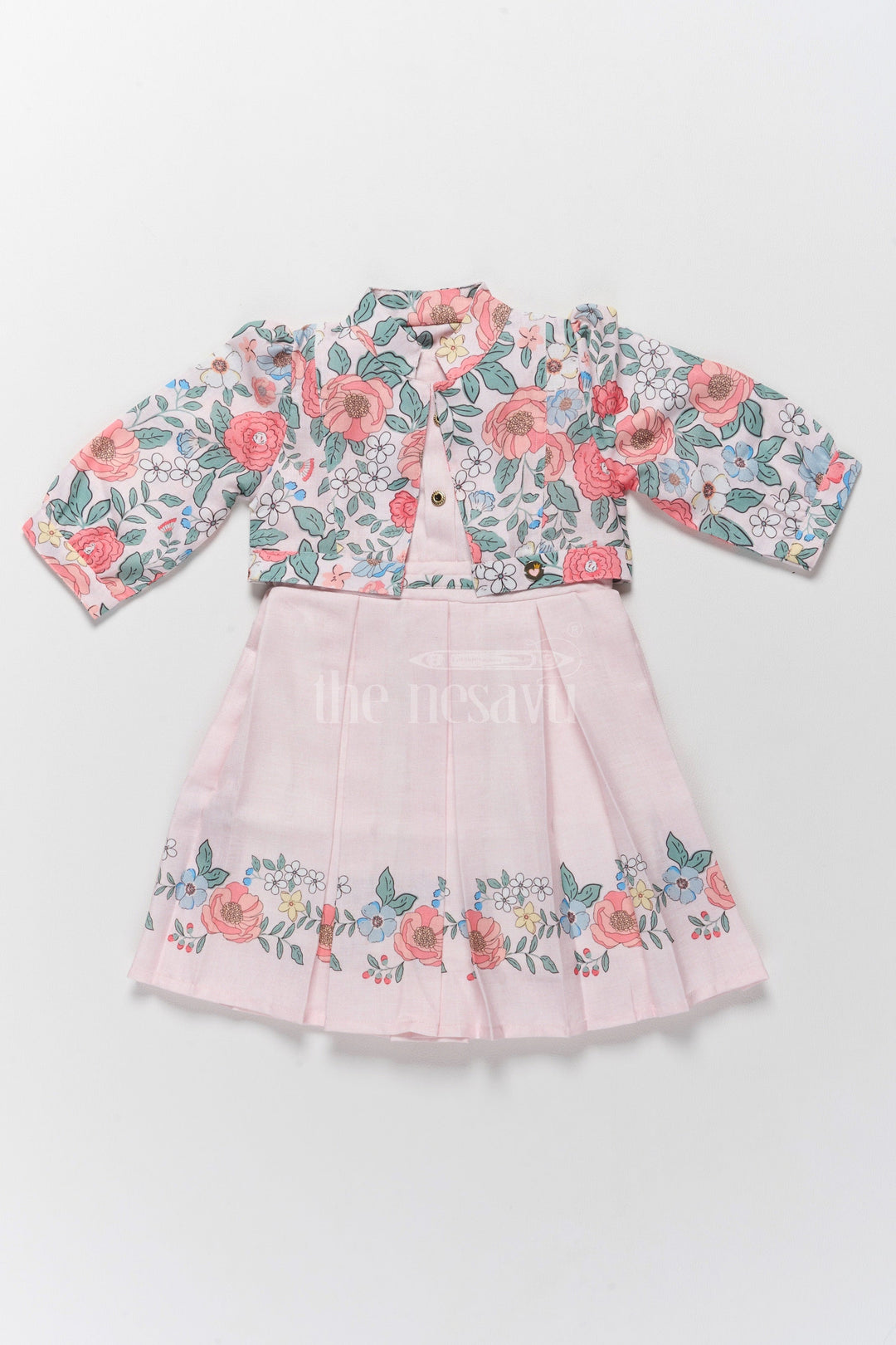 The Nesavu Girls Fancy Frock Stylish Two-Piece Girls Dress and Jacket with Floral Embroidery Nesavu Nesavu Stylish Two-Piece Dress Floral Embroidered Jacket Girls