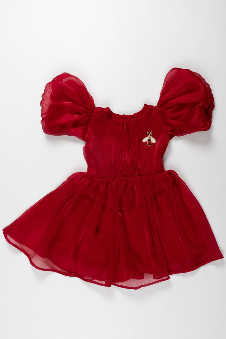 The Nesavu Girls Fancy Party Frock Stylish Western Frocks for Girls with Puffy Sleeves in Organza Fabric Nesavu 14 (6M) / Red PF186B-14 Puffy Sleeved Western Frocks Girls Red Organza Nesavu