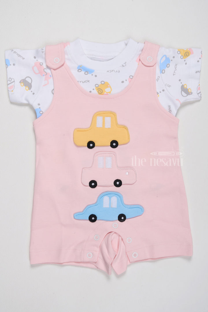 The Nesavu Baby Casual Sets Summer Clothes for Newborn Pink Car Applique Romper with Printed T-Shirt Nesavu 14 (6M) / Pink BCS189A-14 Nesavu Summer Clothes Newborn Pink Car Applique Romper Printed T-Shirt