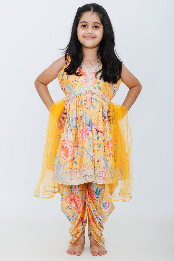 The Nesavu Girls Dothi Sets Sun-Kissed Elegance: Girl's Aliacut Kurti with Dhoti Pant and Dupatta Set Nesavu 16 (1Y) / Yellow / Blend Silk GPS300A-16 Shop Vibrant Girl's Aliacut Kurti & Dhoti Pant Set with Dupatta | The nesavu