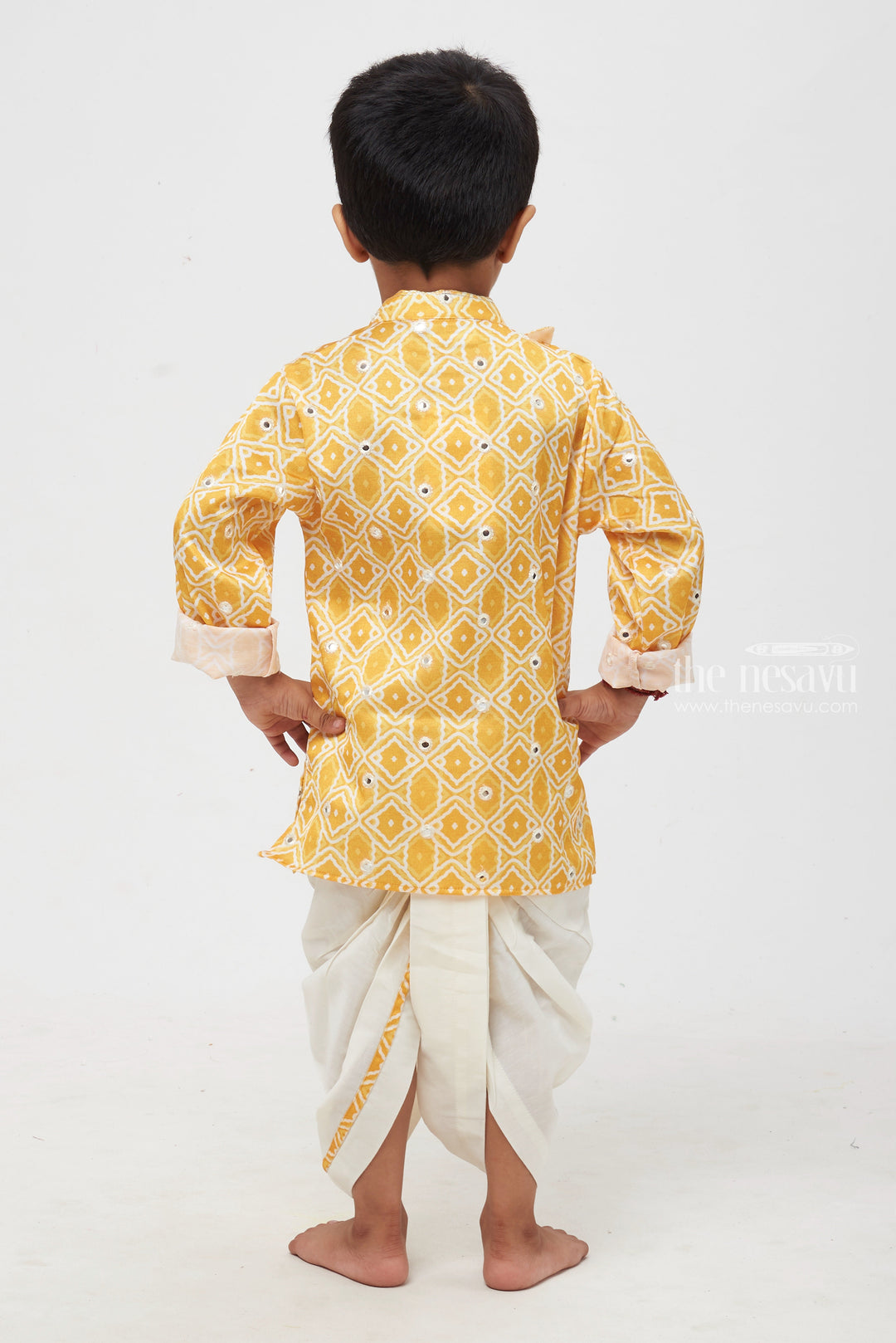 The Nesavu Boys Dothi Set Sunlit Gold: Mirror-Embroidered Geometric Printed Yellow Kurta & Panjagacham Set for Boys Nesavu Boys Festive Kurta Dhoti Sets | Exclusive Indian Festive Wear | The Nesavu