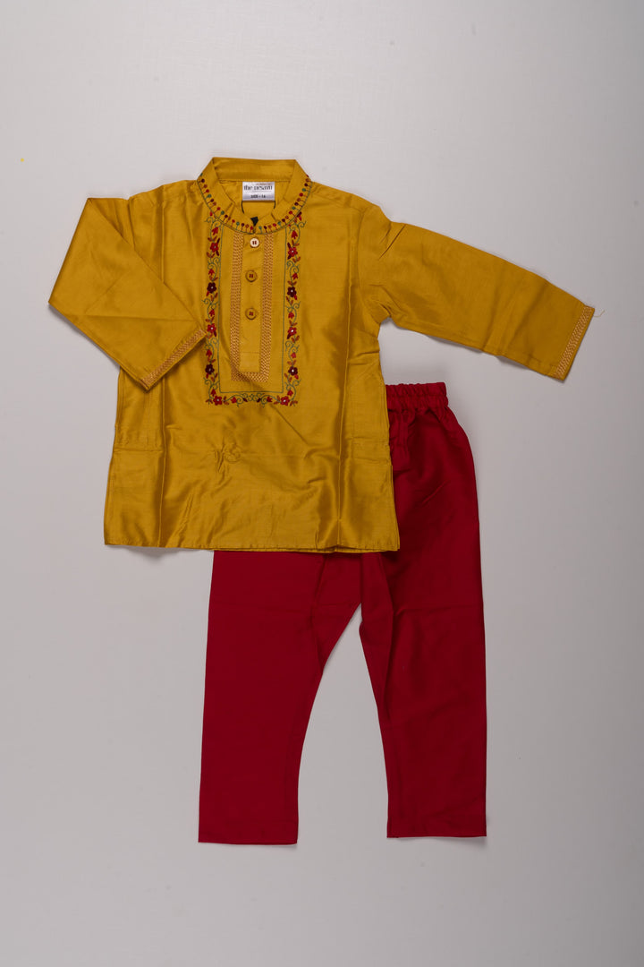 The Nesavu Boys Kurtha Set Sunny Delight: Boys' Vibrant Yellow Kurta with Floral Embellishments and Magenta Bottom Set Nesavu 14 (6M) / Yellow / Blend Silk BES429B-14 Festive Vibes for Little Gents | New Arrival Boys Kurta and Pant | The Nesavu