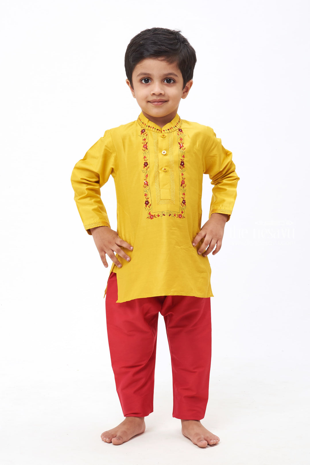 The Nesavu Boys Kurtha Set Sunny Delight: Boys' Vibrant Yellow Kurta with Floral Embellishments and Magenta Bottom Set Nesavu 14 (6M) / Yellow / Blend Silk BES429B-14 Festive Vibes for Little Gents | New Arrival Boys Kurta and Pant | The Nesavu