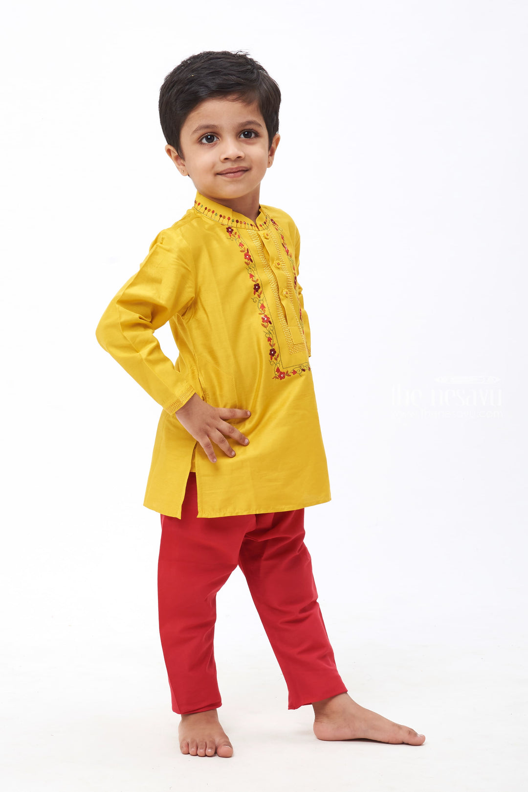 The Nesavu Boys Kurtha Set Sunny Delight: Boys' Vibrant Yellow Kurta with Floral Embellishments and Magenta Bottom Set Nesavu Festive Vibes for Little Gents | New Arrival Boys Kurta and Pant | The Nesavu