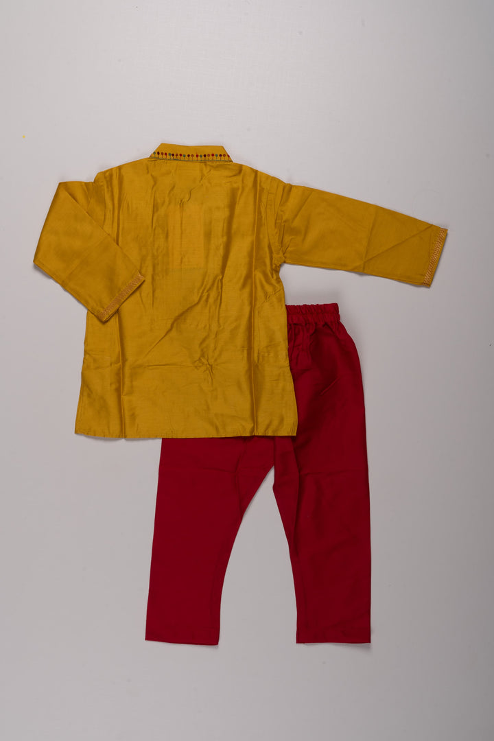 The Nesavu Boys Kurtha Set Sunny Delight: Boys' Vibrant Yellow Kurta with Floral Embellishments and Magenta Bottom Set Nesavu Festive Vibes for Little Gents | New Arrival Boys Kurta and Pant | The Nesavu