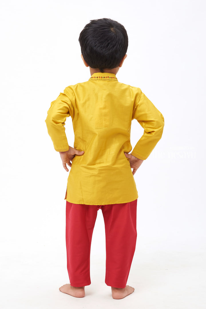 The Nesavu Boys Kurtha Set Sunny Delight: Boys' Vibrant Yellow Kurta with Floral Embellishments and Magenta Bottom Set Nesavu Festive Vibes for Little Gents | New Arrival Boys Kurta and Pant | The Nesavu