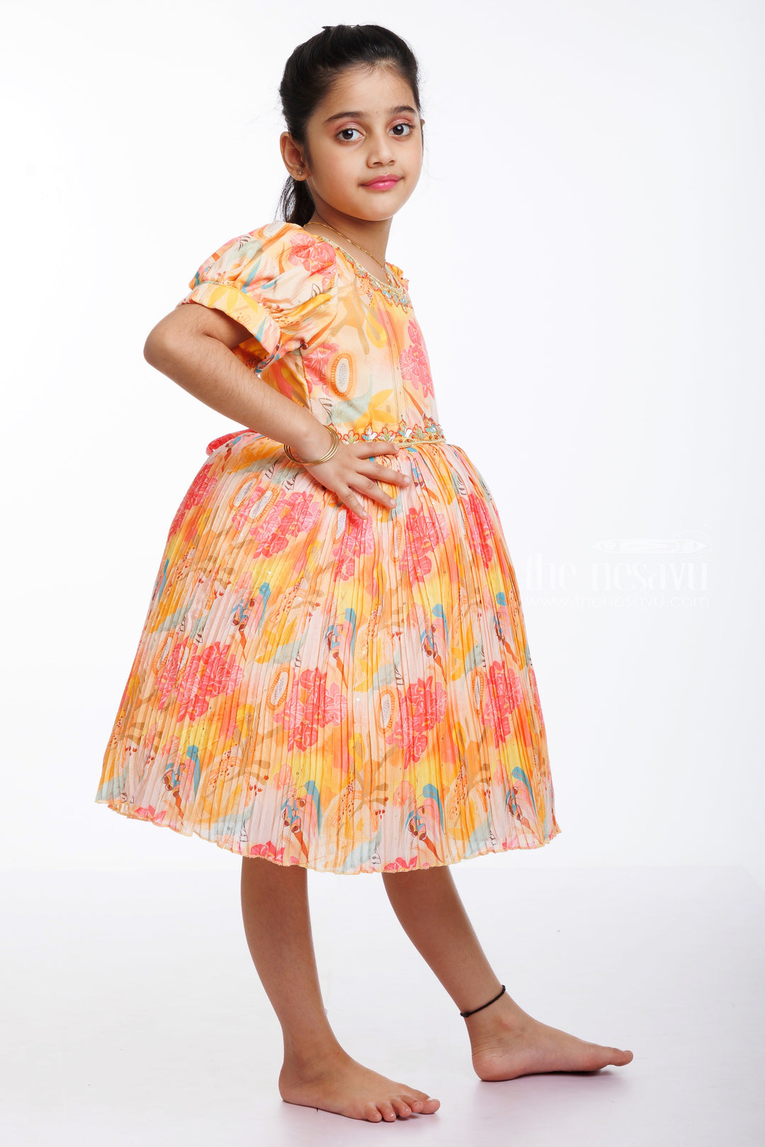 The Nesavu Silk Party Frock Sunset Hues Pleated Party Frock with Embellished Neckline for Girls Nesavu Shop Vibrant Pleated Girls' Party Frock | Twirl-Ready & Sparkling | The Nesavu