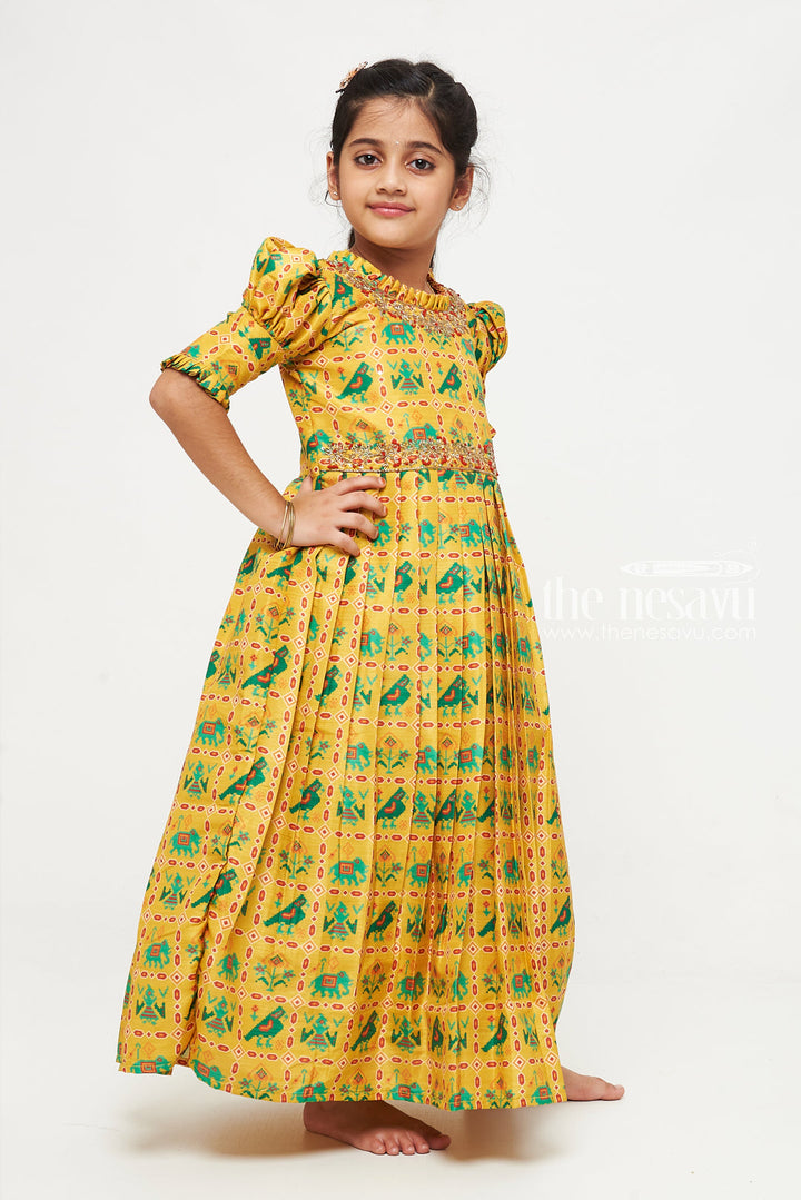 The Nesavu Girls Silk Gown Sunshine Yellow Girls Anarkali with Traditional Embroidery Nesavu Buy Girls Sunshine Yellow Anarkali | Festive Traditional Wear | The Nesavu