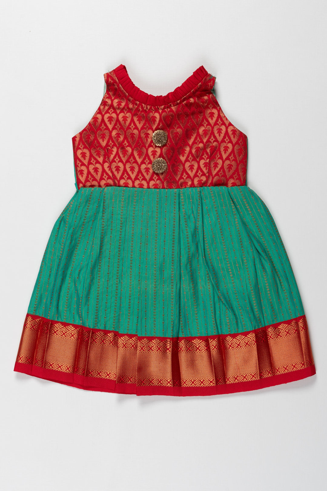 The Nesavu Girls Kanchi Silk Frock Suti Kanchivaram Silk Frock for Kids - Perfect for Ganesh Chaturthi Nesavu 14 (6M) / Green / Style 4 SF792D-14 Suti Kanchivaram Silk Frock for Kids - Ideal for Ganesh Chaturthi