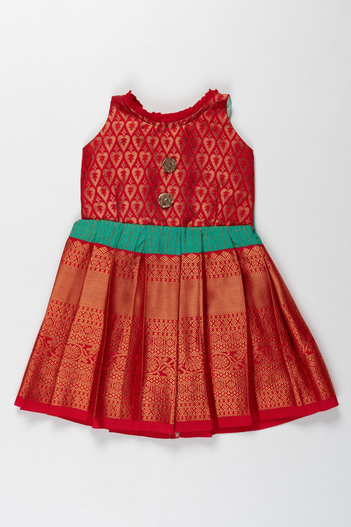 The Nesavu Girls Kanchi Silk Frock Suti Kanchivaram Silk Frock for Kids - Perfect for Ganesh Chaturthi Nesavu 14 (6M) / Red / Style 1 SF792A-14 Suti Kanchivaram Silk Frock for Kids - Ideal for Ganesh Chaturthi