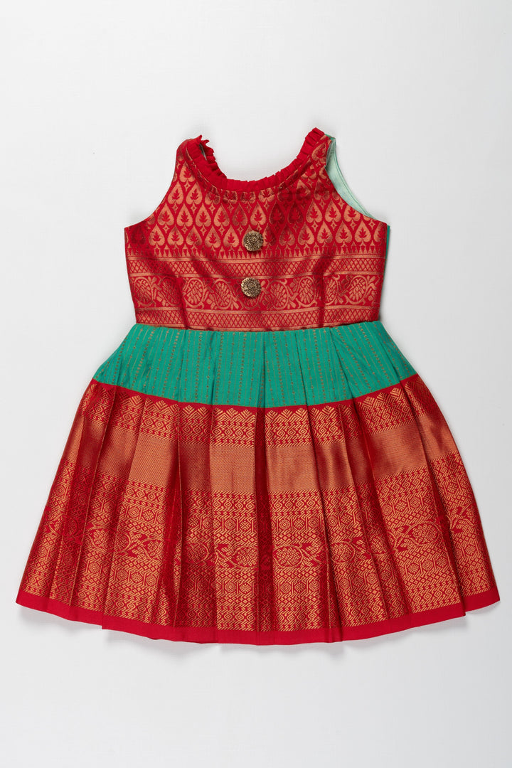 The Nesavu Girls Kanchi Silk Frock Suti Kanchivaram Silk Frock for Kids - Perfect for Ganesh Chaturthi Nesavu 14 (6M) / Red / Style 2 SF792B-14 Suti Kanchivaram Silk Frock for Kids - Ideal for Ganesh Chaturthi