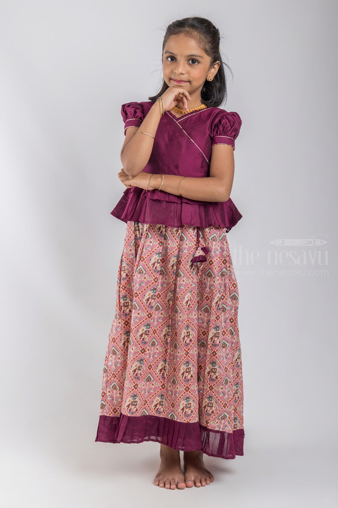 The Nesavu Pattu Pavadai Tamil Nadu Inspired Pattu Pavadai: Experience the Authenticity Nesavu 16 (1Y) / Maroon / Jacquard GPP285B-16 Premium Silk Skirt For Girls | Pattu Pavadai For Girls | The Nesavu