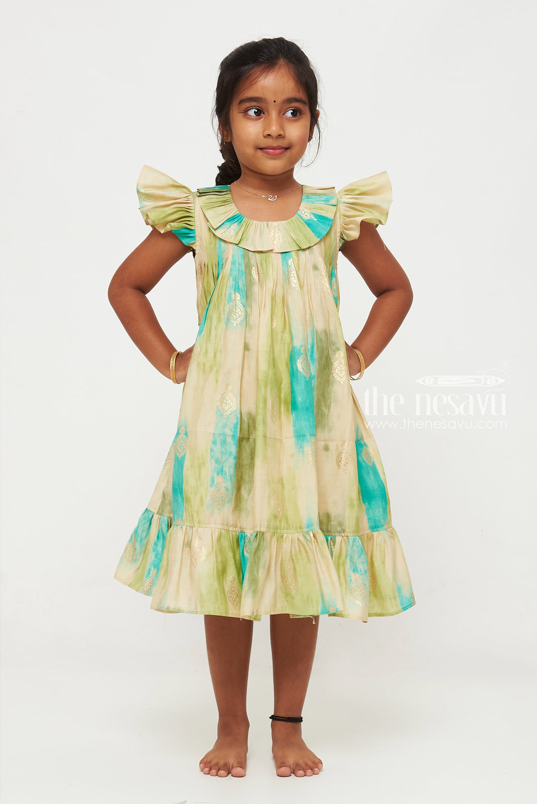 The Nesavu Girls Fancy Frock Teal and Green Designer Printed Chanderi Pleated Frock for Girls Nesavu Teal and Green Chanderi Pleated Frock for Girls - Stylish & Sophisticated