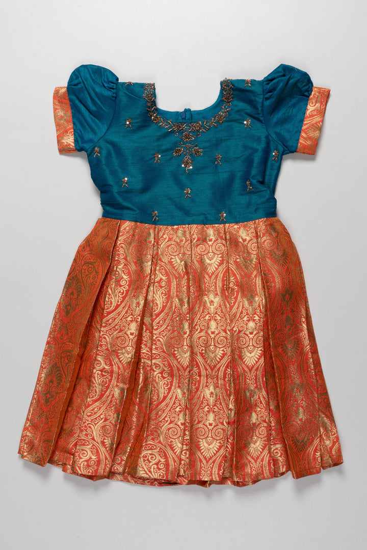 The Nesavu Silk Party Frock Teal and Orange Banarasi Semi-Silk Dress for Girls - Ideal for Festive Occasions Nesavu 16 (1Y) / Orange / Silk Blend SF781A-16 Teal and Orange Banarasi Semi-Silk Dress for Girls - Festive Wear