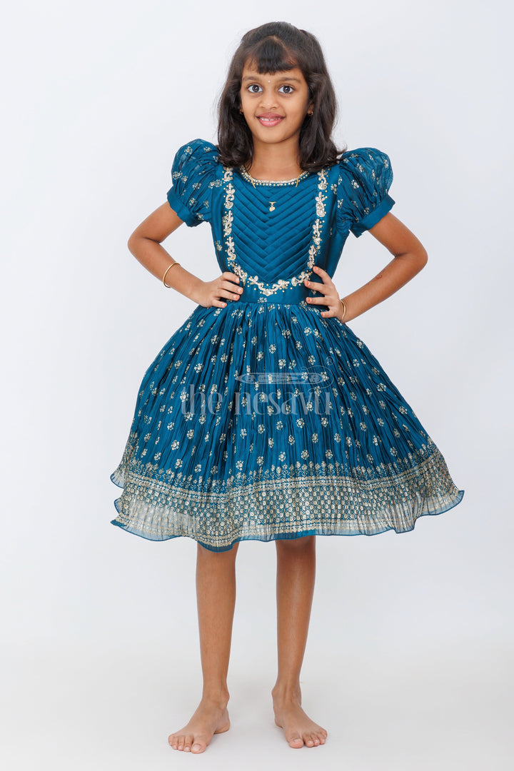 The Nesavu Silk Party Frock Teal Blue Blended Silk Party Frock with Puff Sleeves and Gold Foil Print for Girls Festive Occasions Nesavu 18 (2Y) / Teal SF925C-18 Nesavu Teal Blue Girls Party Frock Puff Sleeves Gold Embroidery Festive Events