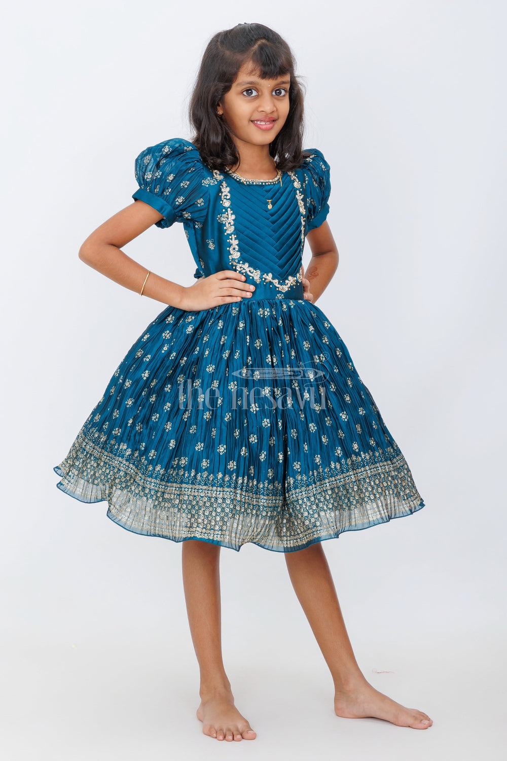 The Nesavu Silk Party Frock Teal Blue Blended Silk Party Frock with Puff Sleeves and Gold Foil Print for Girls Festive Occasions Nesavu Nesavu Teal Blue Girls Party Frock Puff Sleeves Gold Embroidery Festive Events