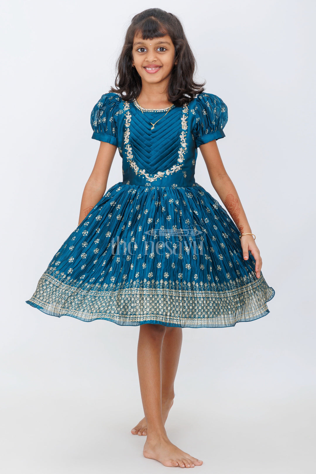 The Nesavu Silk Party Frock Teal Blue Blended Silk Party Frock with Puff Sleeves and Gold Foil Print for Girls Festive Occasions Nesavu Nesavu Teal Blue Girls Party Frock Puff Sleeves Gold Embroidery Festive Events