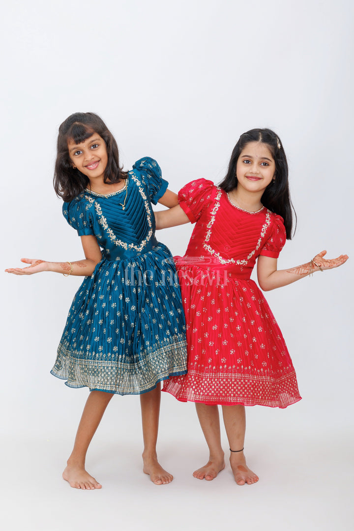 The Nesavu Silk Party Frock Teal Blue Blended Silk Party Frock with Puff Sleeves and Gold Foil Print for Girls Festive Occasions Nesavu Nesavu Teal Blue Girls Party Frock Puff Sleeves Gold Embroidery Festive Events