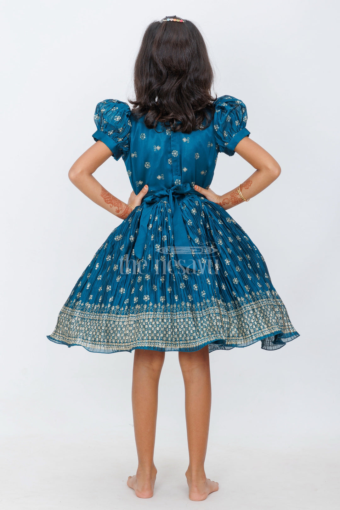 The Nesavu Silk Party Frock Teal Blue Blended Silk Party Frock with Puff Sleeves and Gold Foil Print for Girls Festive Occasions Nesavu Nesavu Teal Blue Girls Party Frock Puff Sleeves Gold Embroidery Festive Events