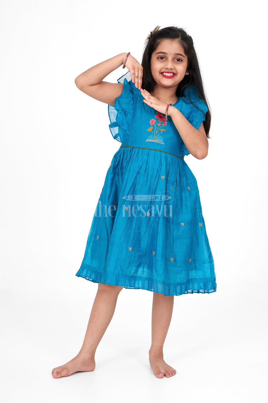 The Nesavu Girls Cotton Frock Teal Blue Chanderi Cotton Frock for Girls with Floral Embroidery – Ethnic Dress for Girls Nesavu 12 (3M) / Teal GFC1447A-12 Teal Blue Ethnic Frock Girls Rose Embroidery Beautiful Festive Dress Nesavu