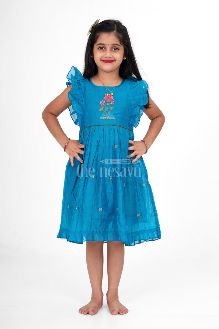 The Nesavu Girls Cotton Frock Teal Blue Chanderi Cotton Frock for Girls with Floral Embroidery – Ethnic Dress for Girls Nesavu Teal Blue Ethnic Frock Girls Rose Embroidery Beautiful Festive Dress Nesavu