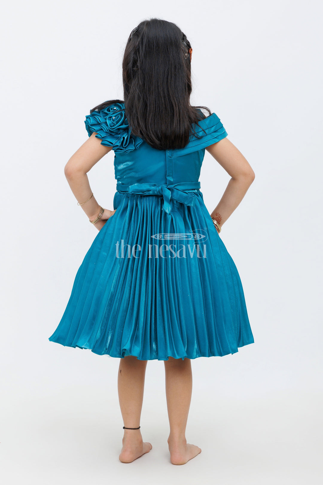 The Nesavu Girls Fancy Party Frock Teal Blue Glaze Organza Asymmetrical Party Frock with Stone Belt Embellishment for Girls Nesavu Teal Blue Glaze Organza Asymmetrical Party Frock with Stone Belt for Girls Nesavu