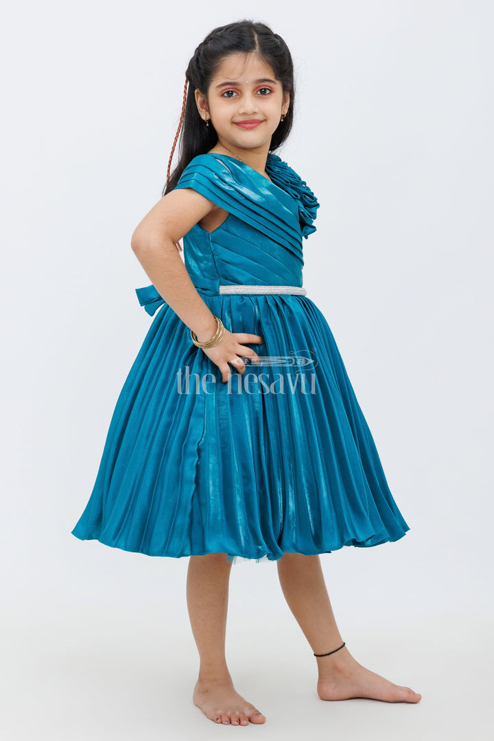 The Nesavu Girls Fancy Party Frock Teal Blue Glaze Organza Asymmetrical Party Frock with Stone Belt Embellishment for Girls Nesavu Teal Blue Glaze Organza Asymmetrical Party Frock with Stone Belt for Girls Nesavu