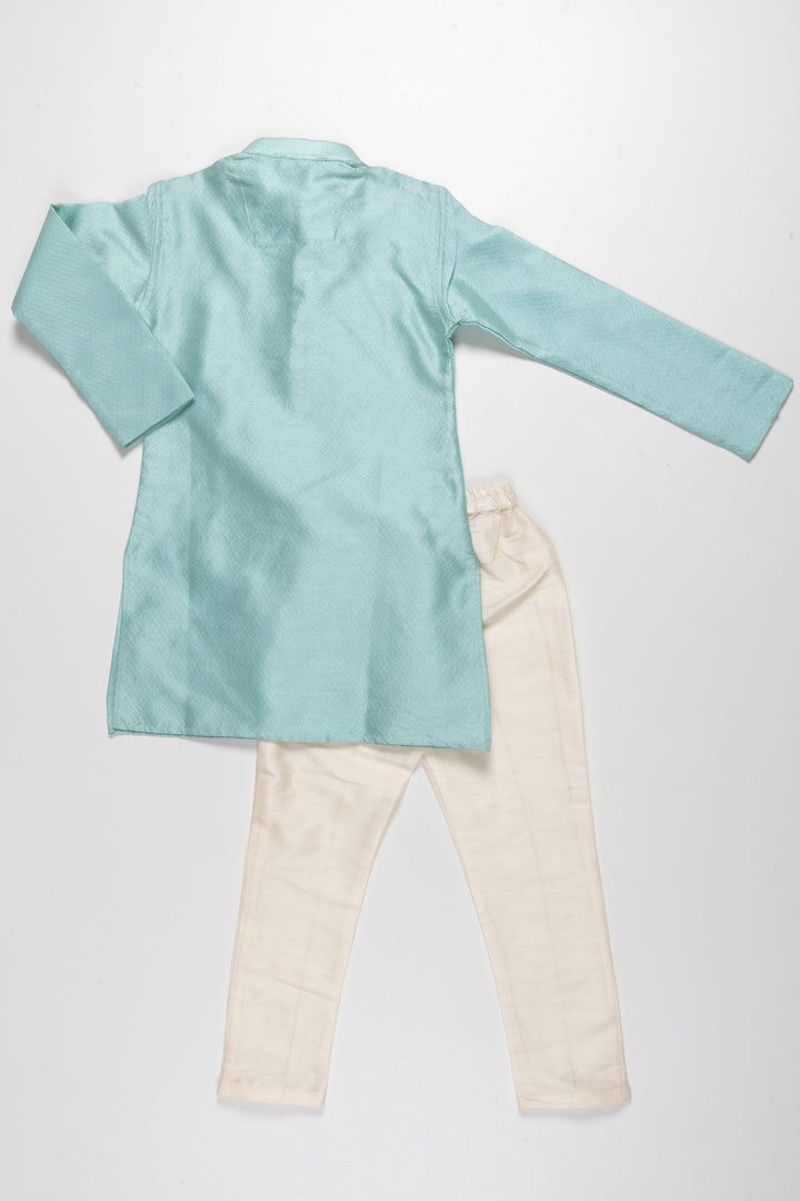 The Nesavu Boys Kurtha Set Teal Blue Silk Cotton Kurta Dresses For Baby Boys Nesavu SelfTextured Party Wear Kurta Dresses | Ethnic Casuals For Boys | The Nesavu