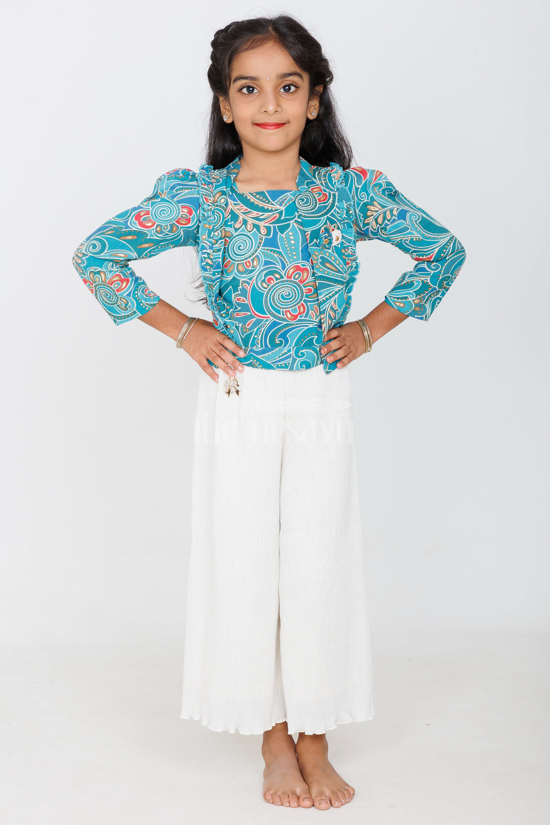 The Nesavu Girls Sharara / Plazo Set Teal Green Girls Sharara Set with Printed Blazer and Cream Palazzo Pants Nesavu 18 (2Y) / Teal GPS455B-18 Nesavu Teal Green Girls Sharara Set Printed Blazer Cream Palazzo Pants