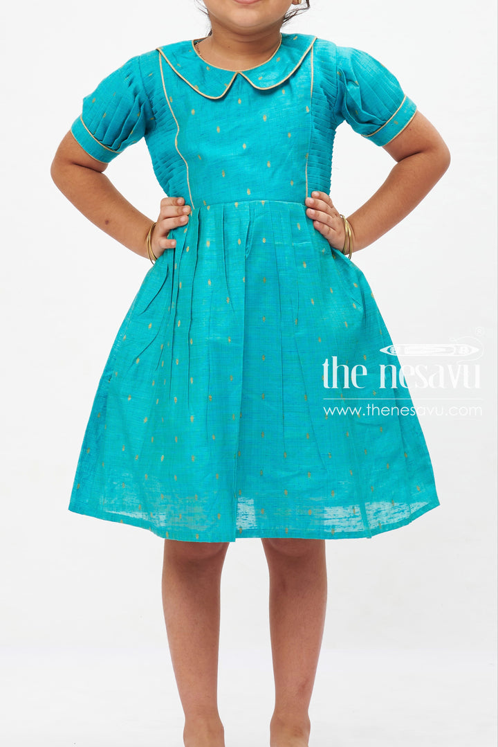 The Nesavu Girls Cotton Frock Teal Treasure Traditional Frock: Elegant Golden Motif Dress for Girls Nesavu Girls Traditional Teal & Gold Motif Dress | Puff Sleeve Princess Frock | Elegant Event Wear | The Nesavu