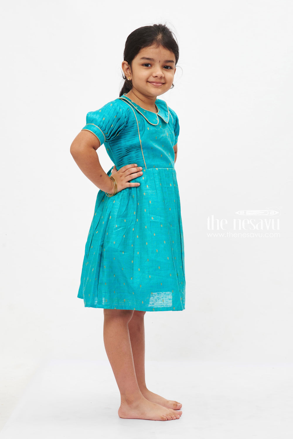 The Nesavu Girls Cotton Frock Teal Treasure Traditional Frock: Elegant Golden Motif Dress for Girls Nesavu Girls Traditional Teal & Gold Motif Dress | Puff Sleeve Princess Frock | Elegant Event Wear | The Nesavu