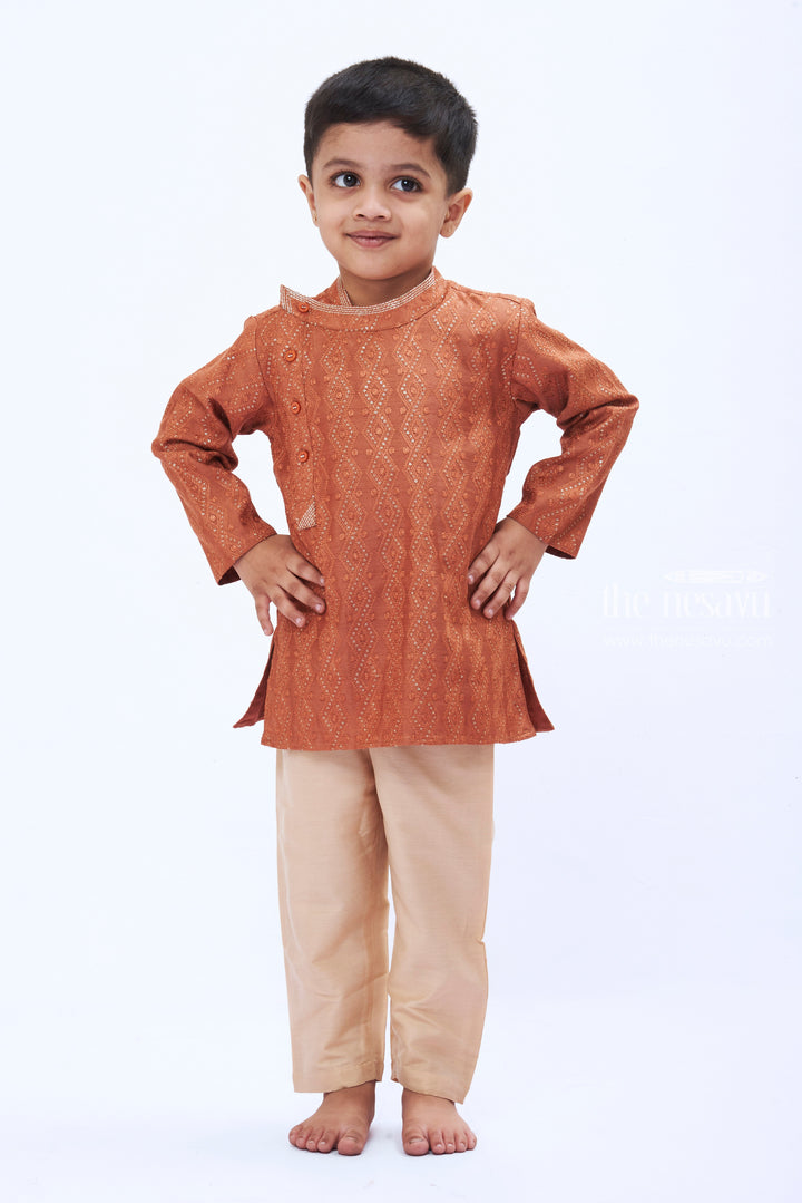 The Nesavu Boys Kurtha Set Terracotta Traditional Print Kurta with Cream Pant for Boys Nesavu 14 (6M) / Brown / Raw Silk BES469A-14 Terracotta Print Kurta Set | Pure silk Kurta Set | The Nesavu