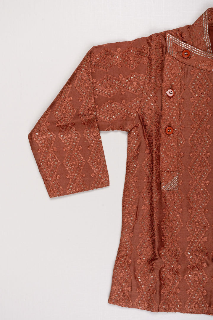 The Nesavu Boys Kurtha Set Terracotta Traditional Print Kurta with Cream Pant for Boys Nesavu Terracotta Print Kurta Set | Pure silk Kurta Set | The Nesavu