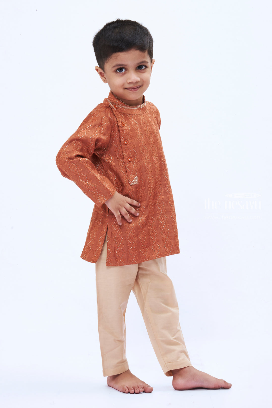 The Nesavu Boys Kurtha Set Terracotta Traditional Print Kurta with Cream Pant for Boys Nesavu Terracotta Print Kurta Set | Pure silk Kurta Set | The Nesavu