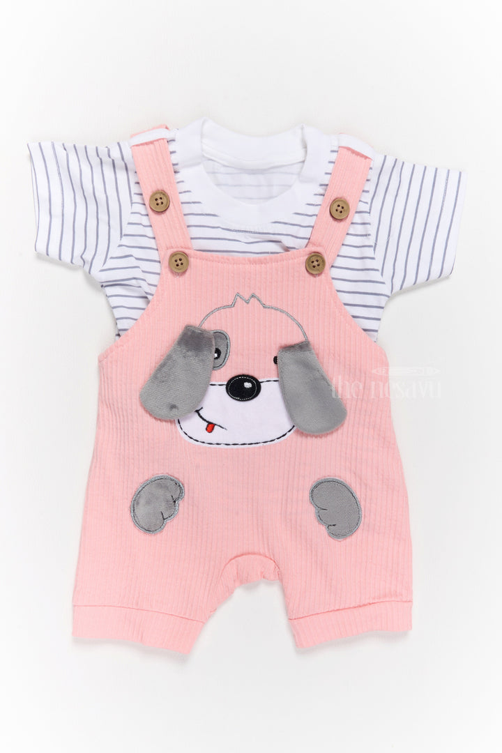 The Nesavu Baby Casual Sets Thermal Wear for Infants Cotton Pink Dog Romper with Striped T-Shirt Nesavu 14 (6M) / Pink BCS186B-14 Nesavu Thermal Wear Infants Cotton Pink Dog Romper Striped T-Shirt