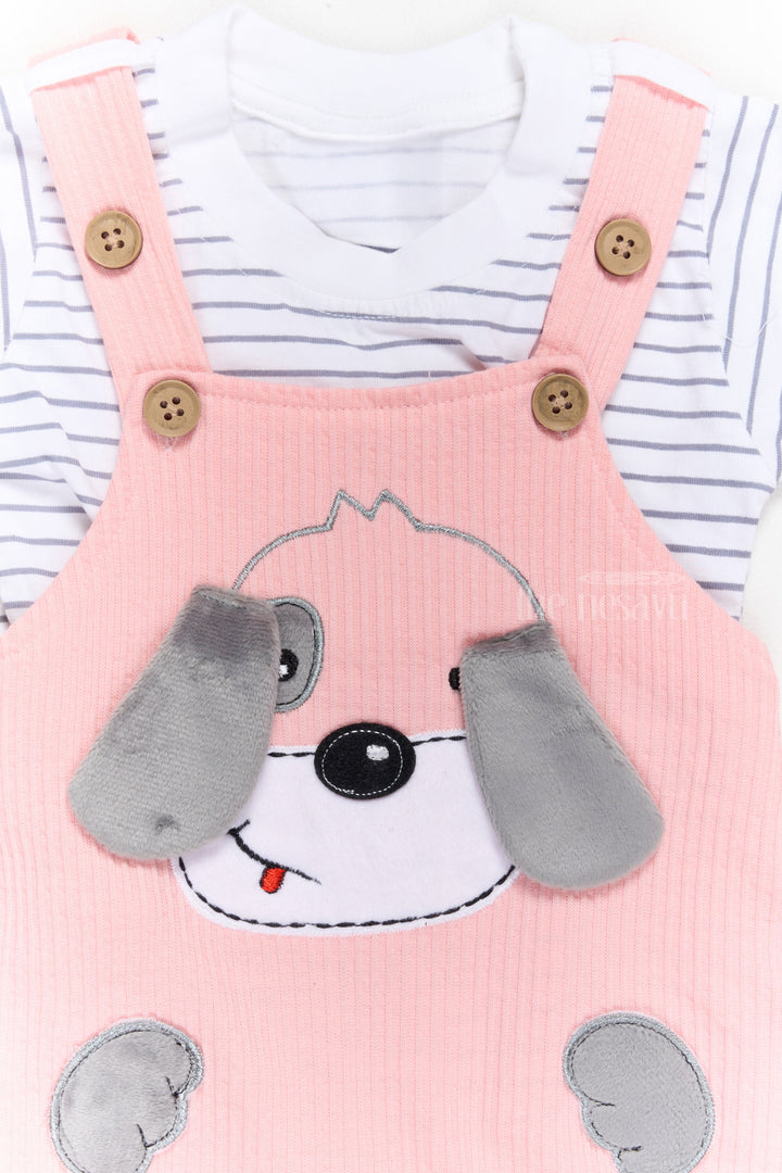 The Nesavu Baby Casual Sets Thermal Wear for Infants Cotton Pink Dog Romper with Striped T-Shirt Nesavu Nesavu Thermal Wear Infants Cotton Pink Dog Romper Striped T-Shirt