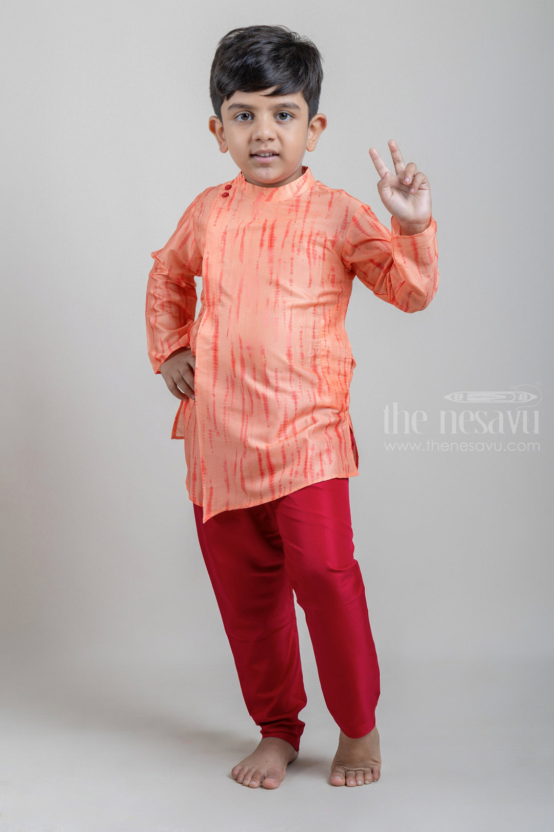 The Nesavu Ethnic Sets Tie and Dyed Orange Boys Kurta with Red Pant psr silks Nesavu